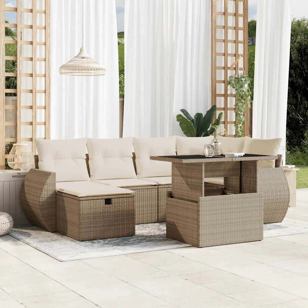 Set Divani da Giardino 7 pz con Cuscini Beige in Polyrattan