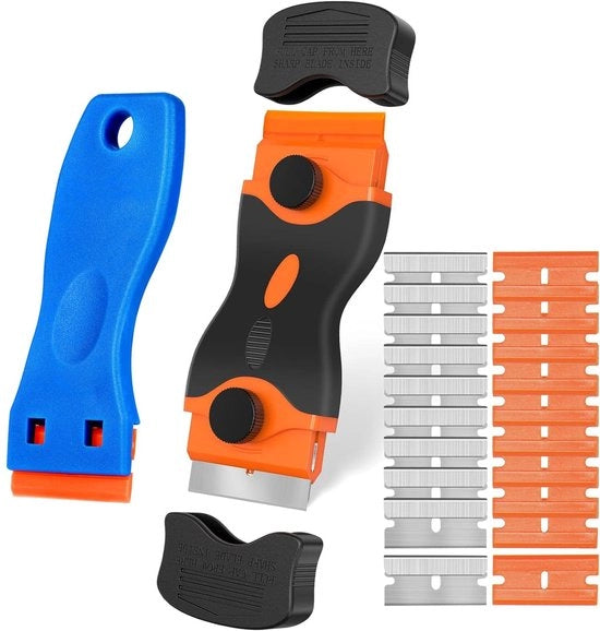 Schrappatore con doppia testa - Plastic Schrappatore - Lame in plastica/Faccia in acciaio inossidabile - Cottura/Pulitore di vetro - Rimozione di sporco ostinato - Funzione di rapido cambio - Kit di pulizia