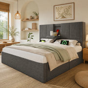 DESMIU Letto contenitore 140 × 200 cm 2 posti con portabicchieri, ricarica USB e Type-C, senza materasso, grigio