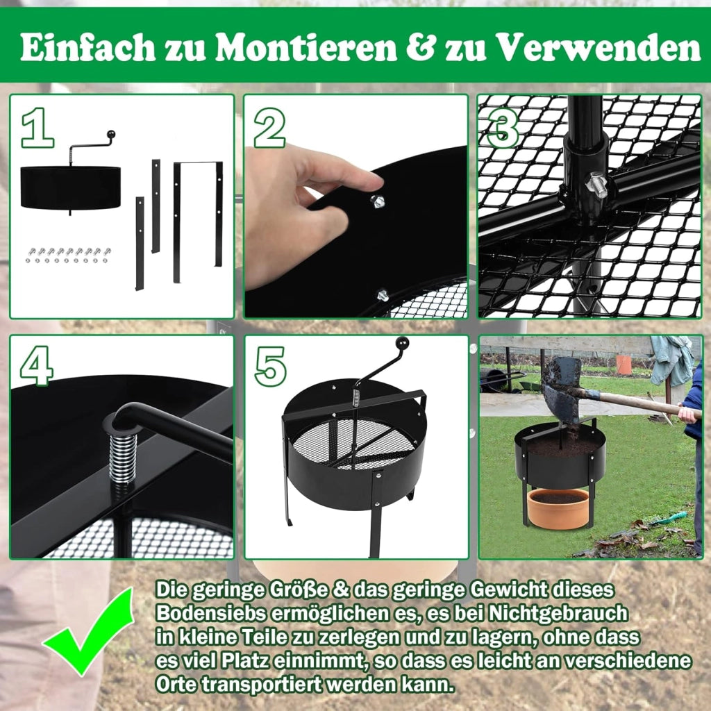 Colino per compost da giardino, 40 x 45 cm, colino a manovella, con manici, colino per terra, prato, giardino
