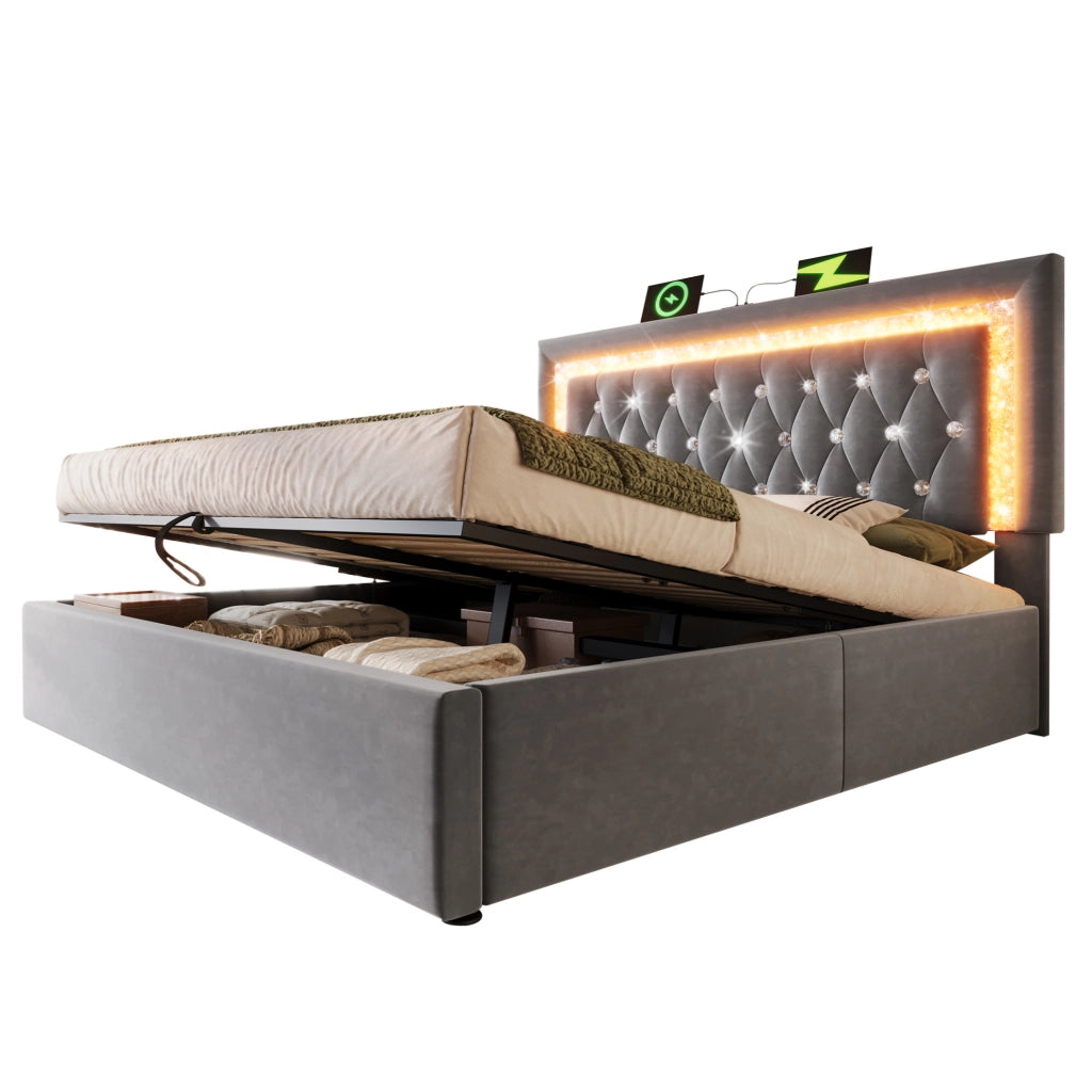 Letto matrimoniale 180x200 cm in velluto grigio con LED; USB e USB-C; contenitore idraulico