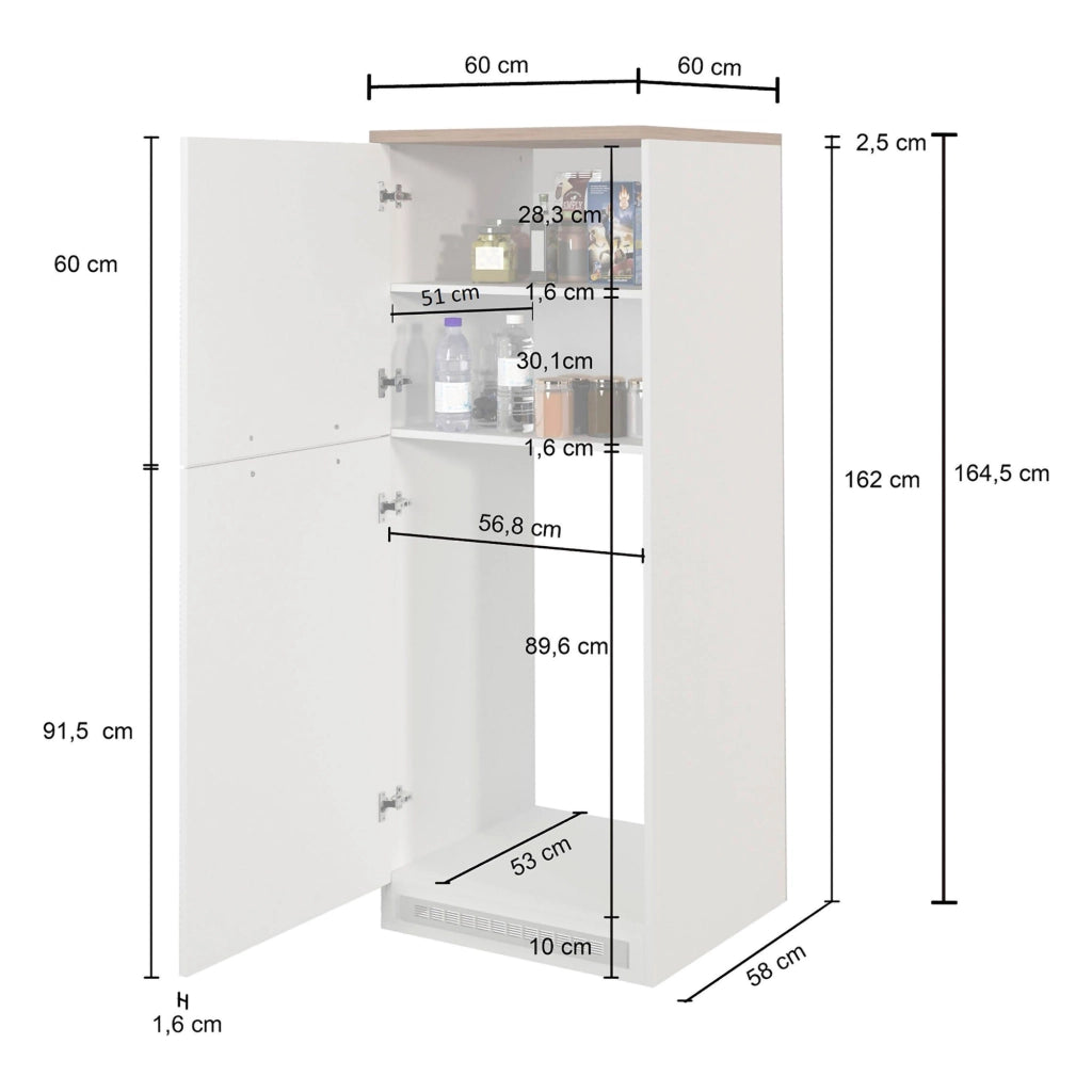 Dispensa da cucina Mesarthim, Mobile multiuso, Armadio porta frigo a 2 ante, 100% Made in Italy, 60x60h165 cm, Bianco lucido e Rovere