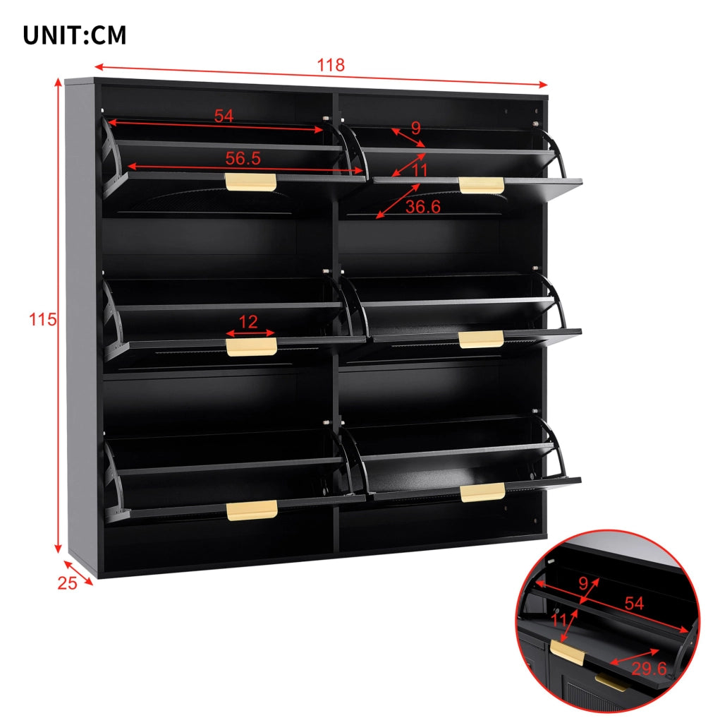 Armadio portascarpe con 6 ribalte; design curvo; 118x25x115 cm; MDF nero