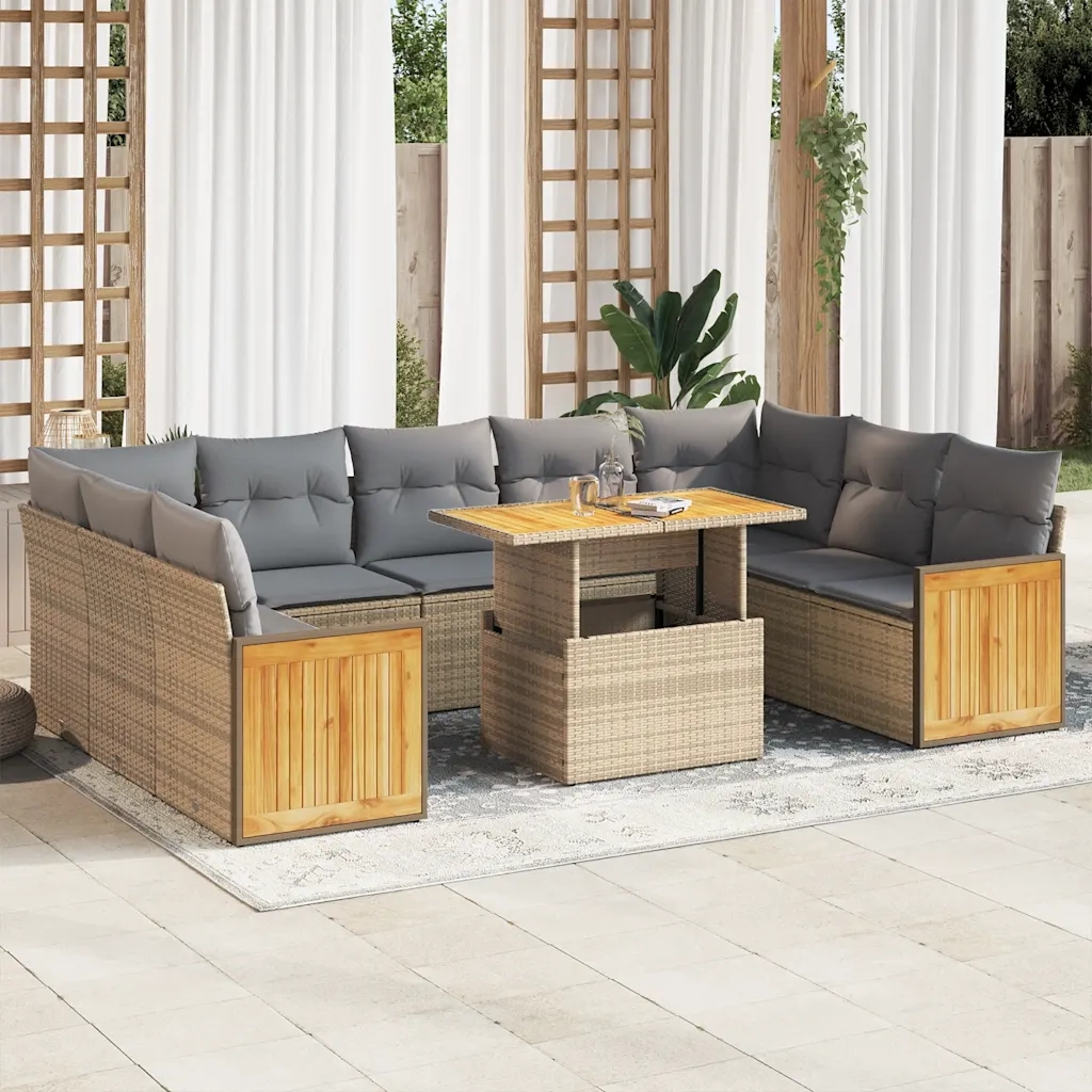 Divano da Giardino 10 pz con Cuscini Beige in Polyrattan Acacia 3327755