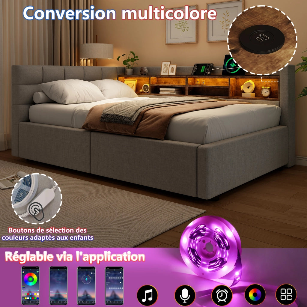 Letto contenitore 90x200 cm con LED dimmerabile; testiera con ripiano e prese USB; rivestimento in lino; grigio