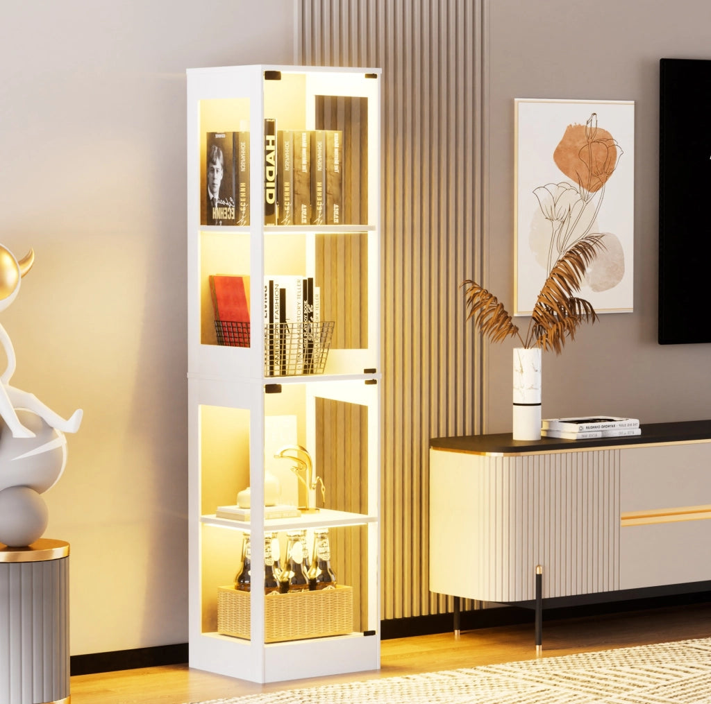 Vetrina in vetro con illuminazione LED a 3 colori; sensore di movimento; 40x35x165 cm; bianco