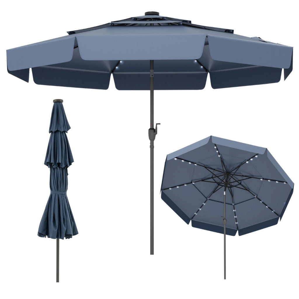 3 m ombrellone da patio solare con 32 luci LED, Tettuccio ventilato a 3 livelli con balze regolazione inclinazione Navy-Ombrelloni