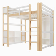 Letto a soppalco 140×200 cm con scrivania; ripiani e armadio; senza materasso; legno; naturale