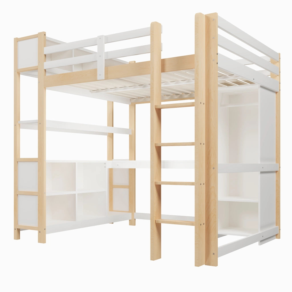 Letto a soppalco 140×200 cm con scrivania; ripiani e armadio; senza materasso; legno; naturale
