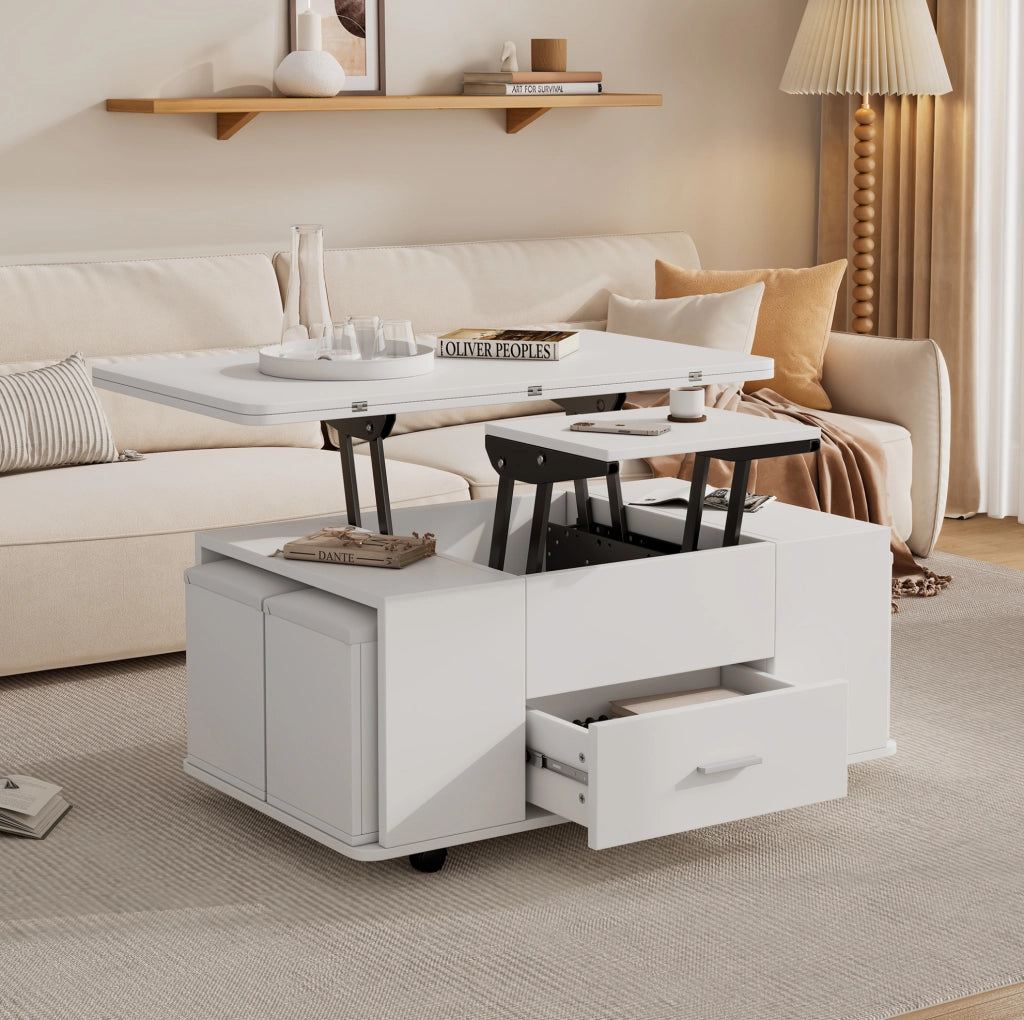 Tavolino da caffè sollevabile 100x50x45 cm bianco, 4 sgabelli, contenitore