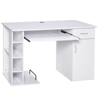 Scrivania per PC Ergonomica con Mensole, Armadietto, Cassetto e Piano Tastiera Estraibile, Bianca, 120x60x74cm