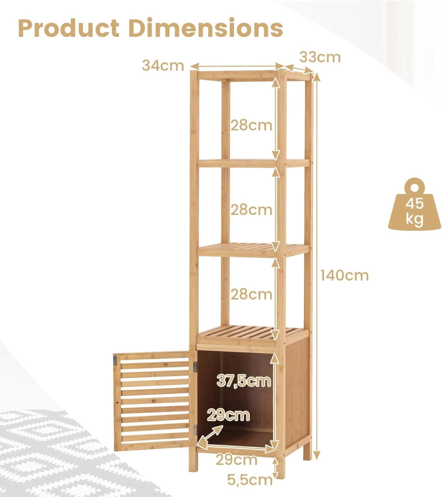 Armadio da Pavimento in Bambù, Armadietto Organizzatore Autoportante da 140 cm con Porta a Persiana e Ripiani Aperti, Torre Sottile per Bagno, Soggiorno, Cucina