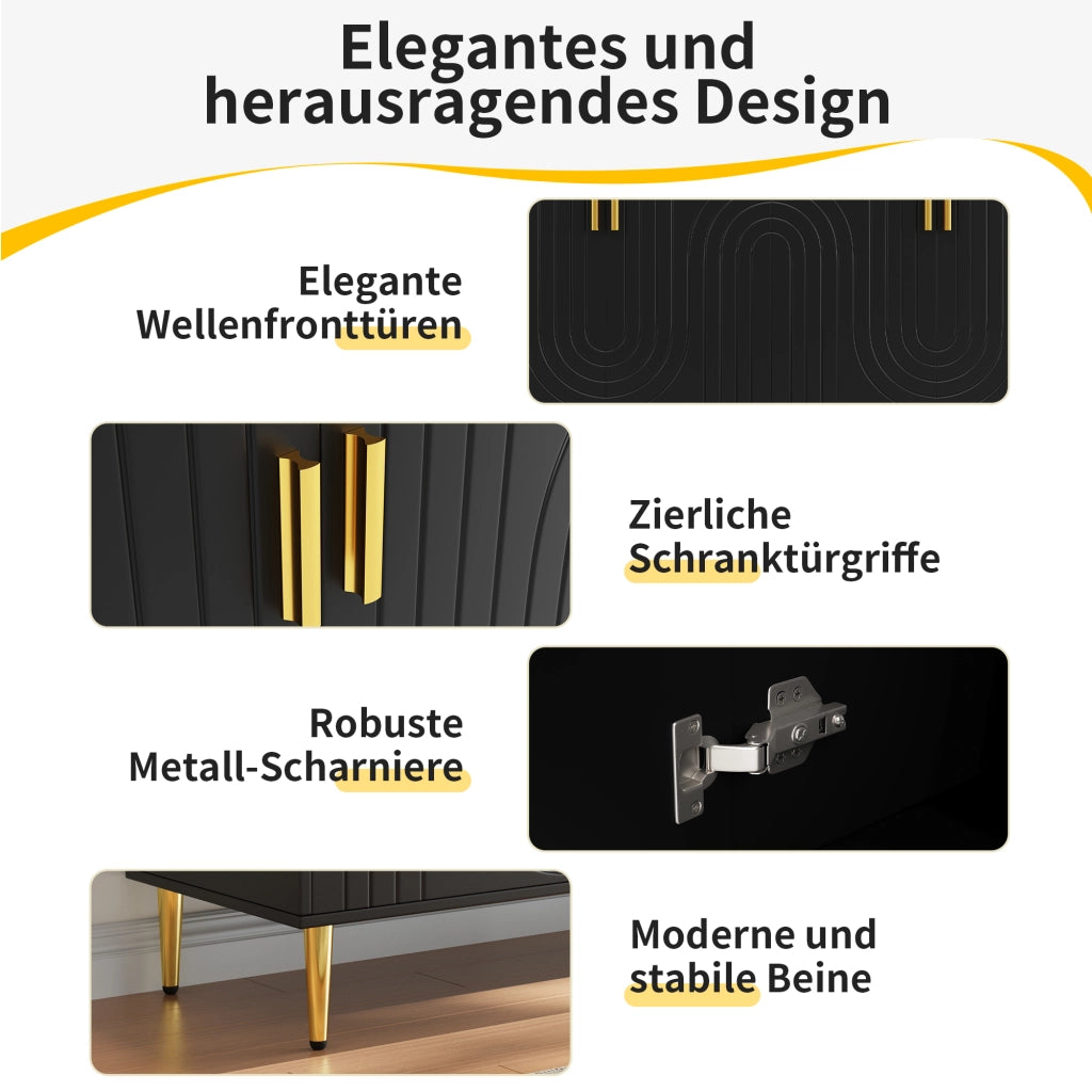 CASSETTIERA L 152 x P 40 x H 75 cm Nera in MDF con dettagli oro