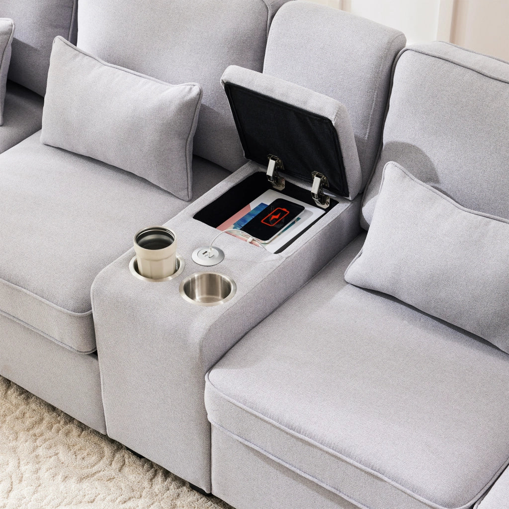 OKWISH Divano Lineare 4 Posti con Consolle, 2 Portabicchieri, 2 Porte USB, Tasche Laterali, Lino Grigio