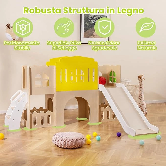 7 in 1 Set da Scivolo per Bambini, Parco Giochi in Legno Interno ed Esterno con Arrampicata Canestro da Basket Corridoio Tunnel, Forma di Castello per Bambini 3 Anni +