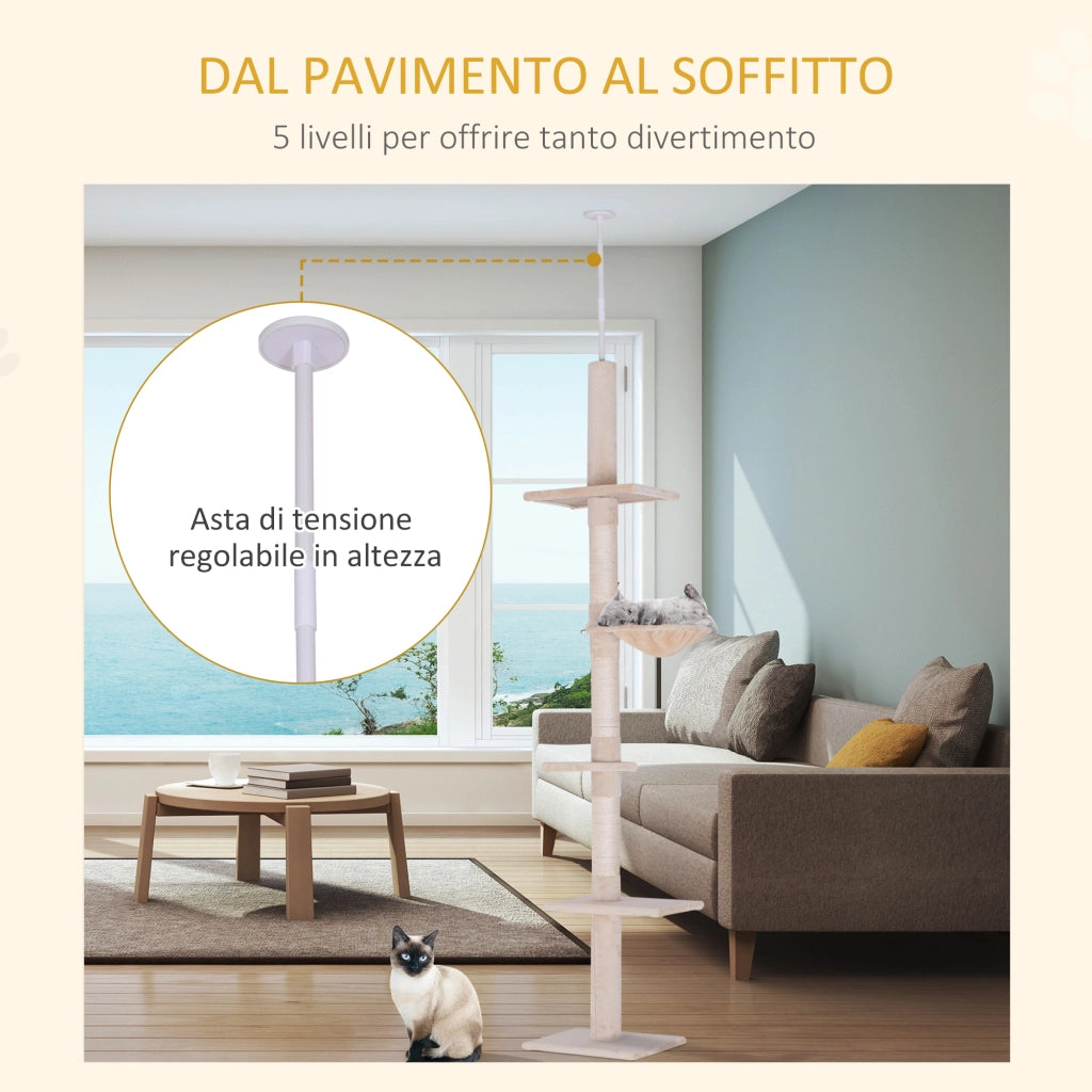 Albero Tiragraffi a Soffitto con Amaca e Altezza Regolabile ¨C zephmum ¨C 40x34x230-260cm Beige