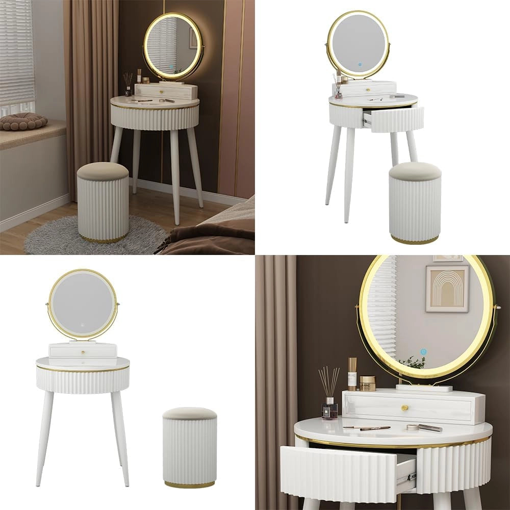 Tavolo da toilette Gesa, Bianco, 60 cm con specchio a LED in 3 tonalità di bianco, dimmerabile, inclusa panca e controllo touch per illuminazione LED