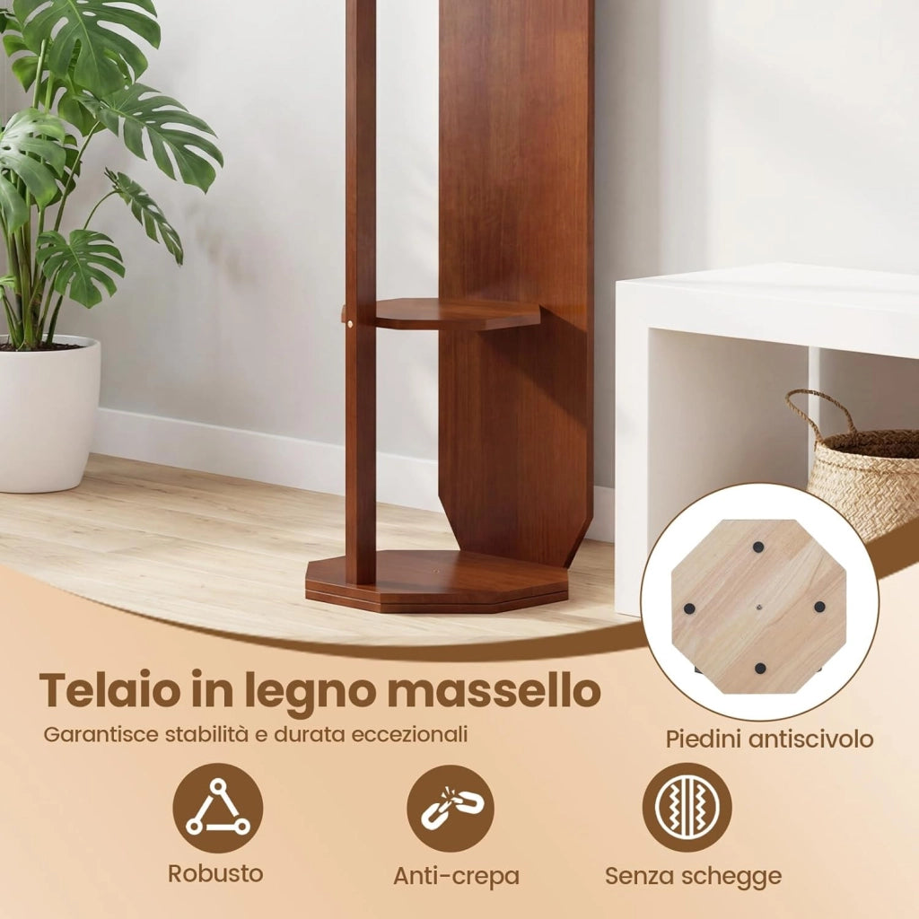 Appendiabiti Girevole a 360° con Specchio, Specchio a Figura Intera da Terra con Ripiani e Ganci, Appendiabiti per Soggiorno, Camera da Letto e Guardaroba (Stile 1)