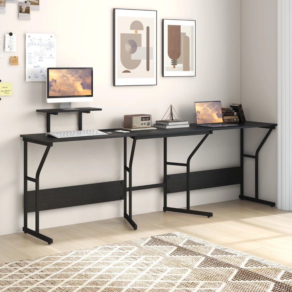 Scrivania ad angolo a forma di L con presa elettrica, Scrivania per computer con supporto monitor movibile da 225cm Nero-Scrivanie