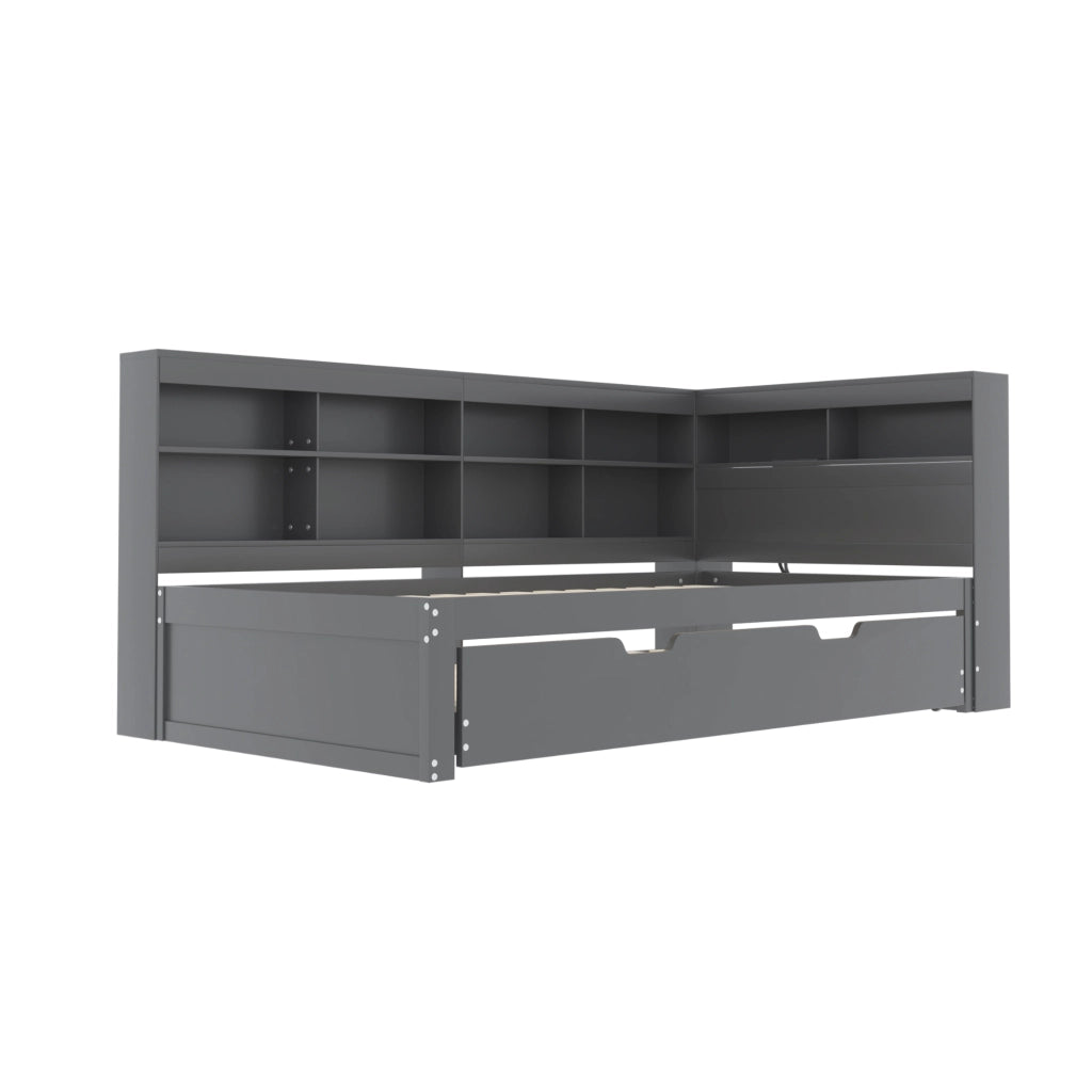 DESMIU Divano letto 90 × 200 cm 1 posto con USB, vani contenitore, letto estraibile 90 × 190 cm, senza materasso, grigio