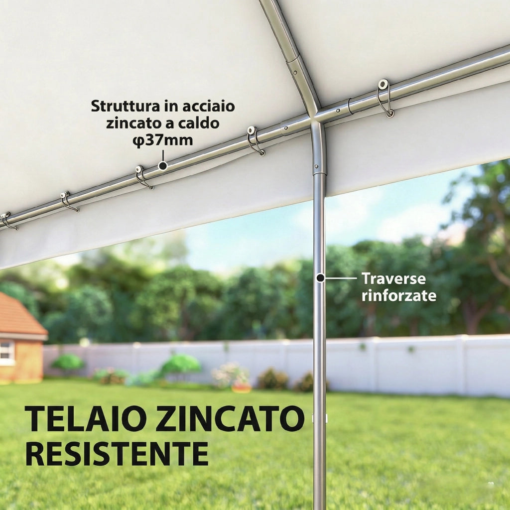 Gazebo da Giardino 4x6 m ¨C Zephmum ¨C Acciaio Galvanizzato, Bianco, 6 Finestre, Doppio Ingresso