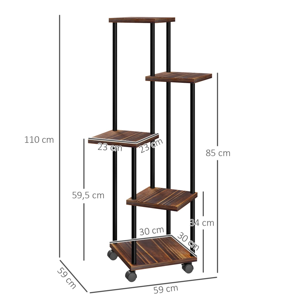 Supporto per piante a 5 livelli con ruote, supporto per fiori da interno/esterno, scaffale per piante in acciaio e legno, portafiori a pi¨´ livelli,