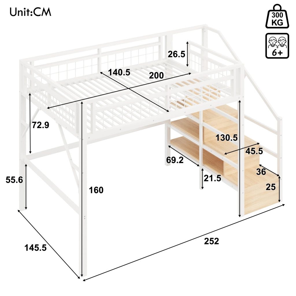 Letto a soppalco 140x200 cm con LED e scale contenitore bianco