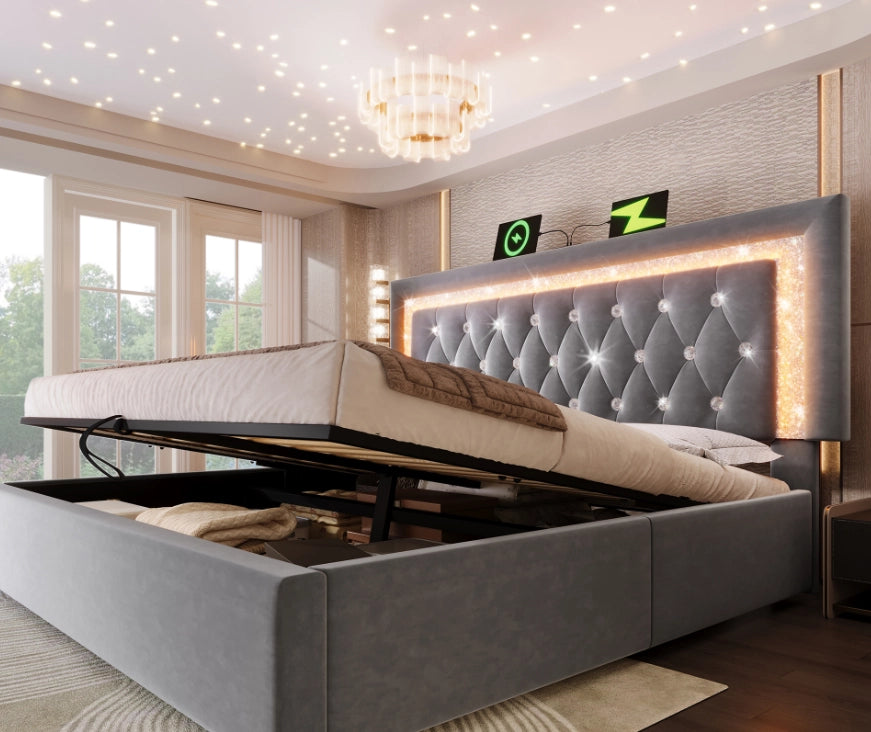 LETTO 180x200 cm in Velluto Grigio con contenitore, LED, USB e USB-C