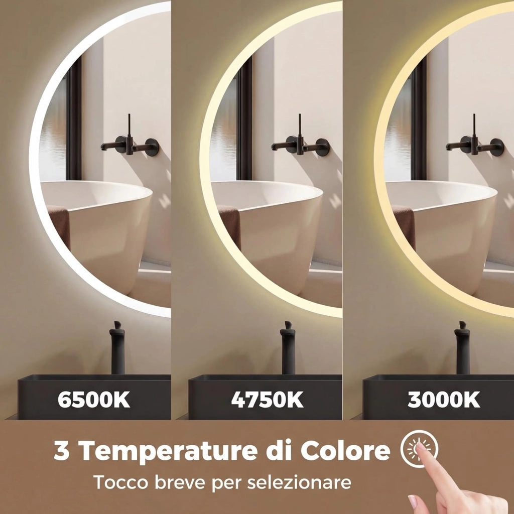 Specchio Rotondo con Luce 60 cm, Specchio Retroilluminato Bagno con 3 Colori Luce, Antideflagrante, Antiappannamento, Luminosità Regolabile, IP44, Memoria e Vetro Temperato HD (60 x 60 cm)