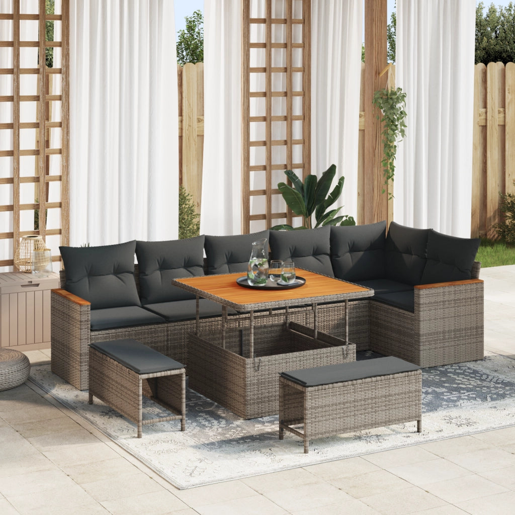 Set di divani da giardino  da 9 pezzi con cuscini grigi in polirattan acacia