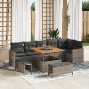 Set di divani da giardino  da 9 pezzi con cuscini grigi in polirattan acacia