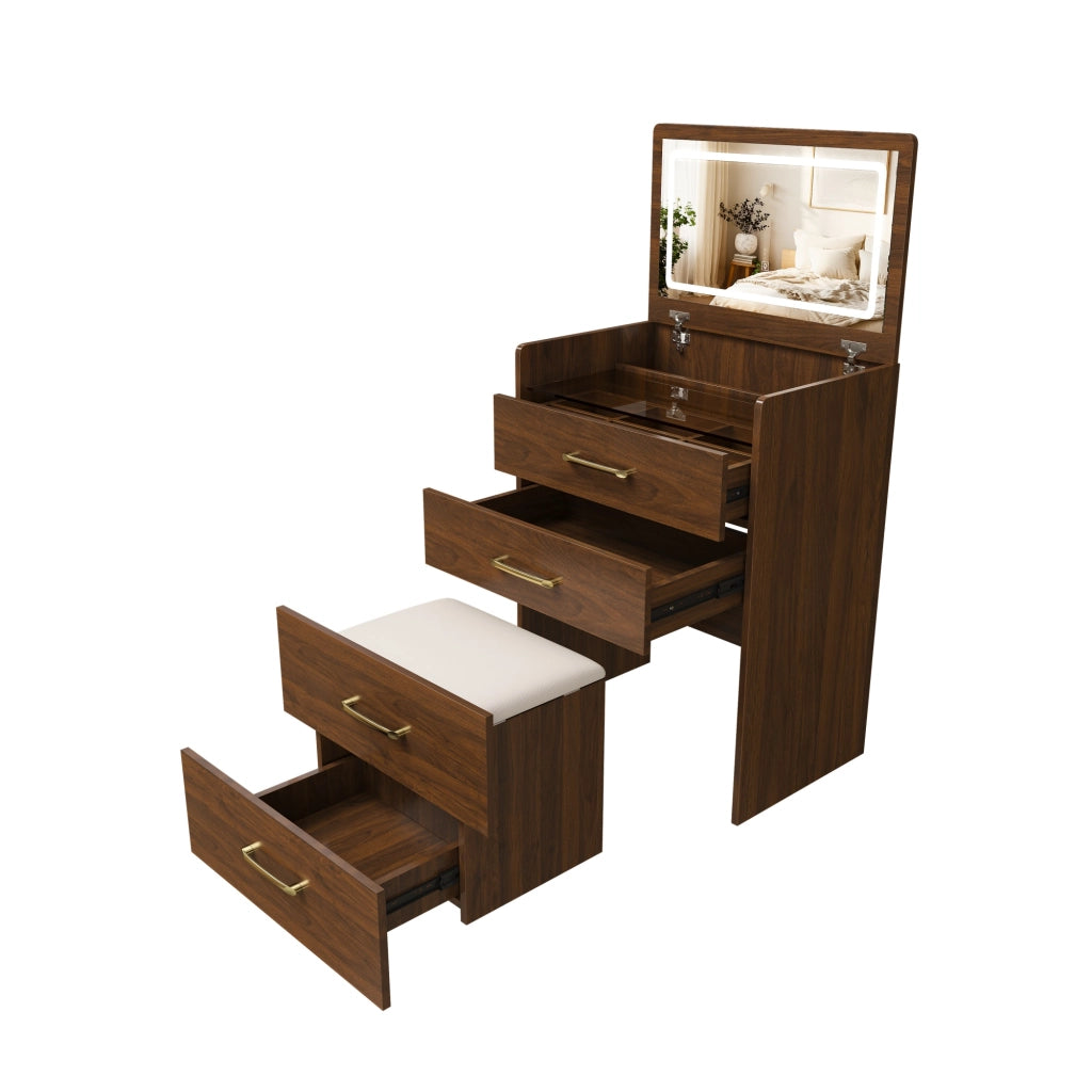 Tavolo da trucco 3 in 1 con specchio apribile, piano in vetro, 3 cassetti, colore noce, 60x40x118 cm