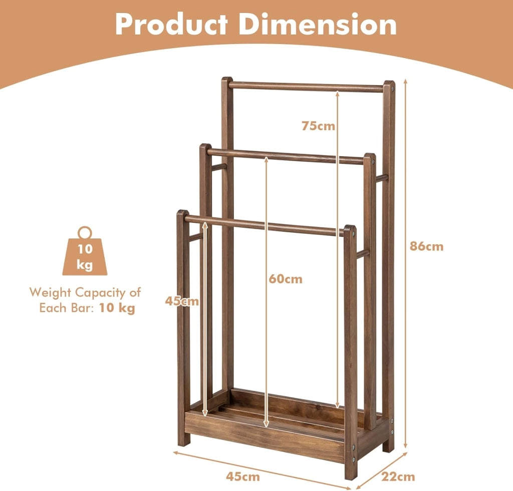 Porta Asciugamani, Porta Asciugamani da Terra, Porta Asciugamani da Terra in Legno, con 3 Aste per Asciugamani, con Ripiano Portaoggetti, Accessori da Bagno in Legno