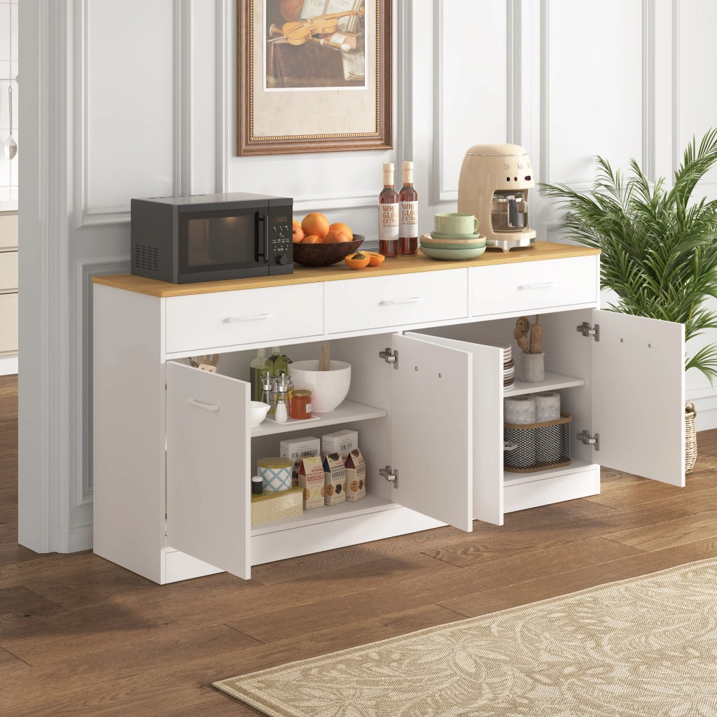 Credenza da cucina con 3 cassetti e ripiani regolabili per cucina e soggiorno in MDF bianco naturale 160 × 37 × 76,5 cm