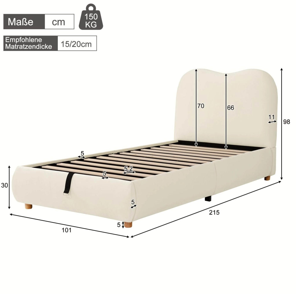 Letto imbottito per bambini 90x200 cm con contenitore e rete a doghe; velluto beige