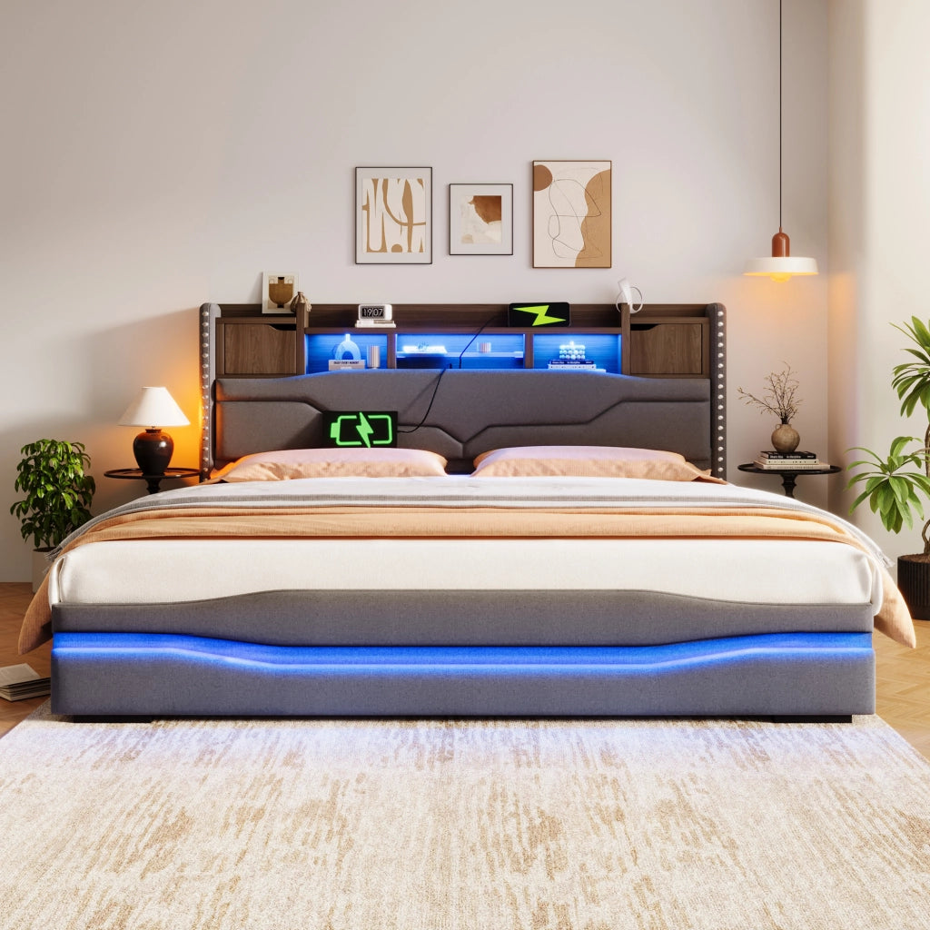 Letti contenitori 180x200 cm; rialzo idraulico e luci LED; lino e MDF grigio (Senza materasso)
