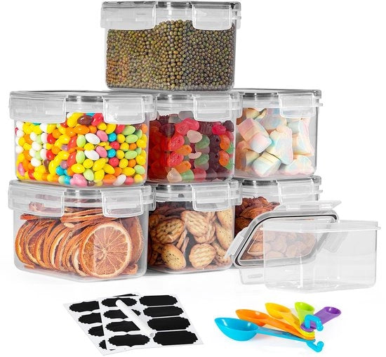 Set di contenitori a chiusura ermetica 0,8L, set di 8, contenitori per cereali e contenitori per alimenti, plastica BPA-free a chiusura ermetica, contenitore per alimenti secco con 24 etichette per cereali, farina e granola