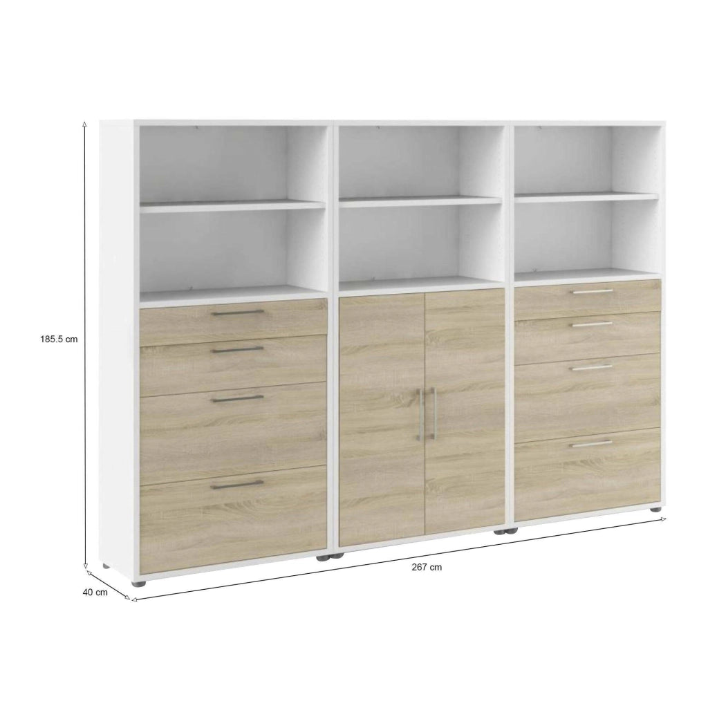 Credenza Vinovo, Buffet da soggiorno, Madia da salotto, Dispensa da cucina, 267x40 h186 cm, Bianco e Quercia