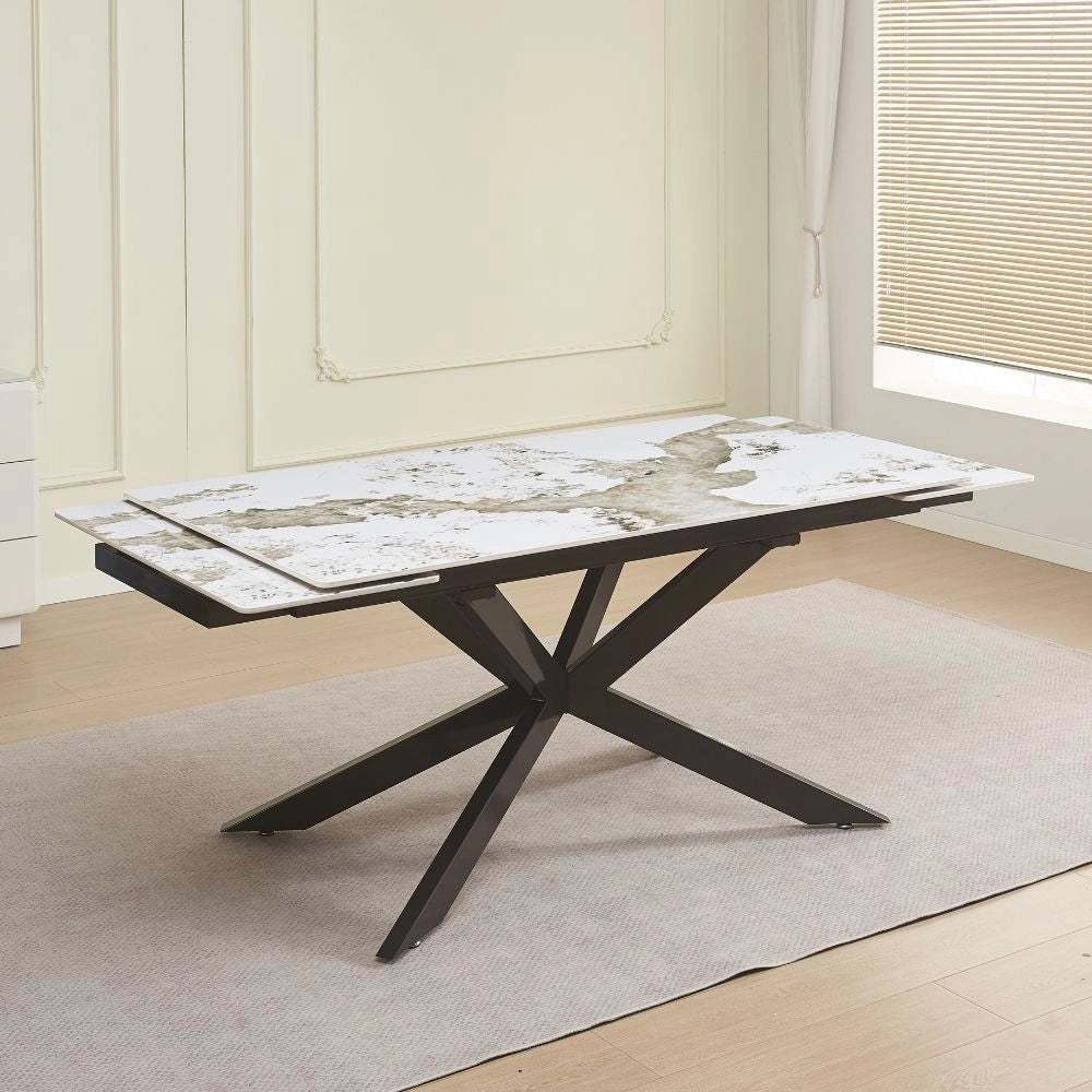 Tavolo allungabile Roxane con piano in ceramica effetto marmo arabesque bianco 160x90x76H
