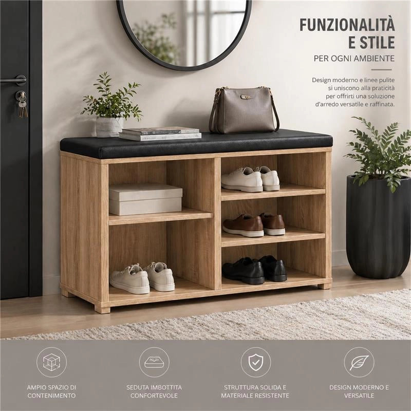 SCARPIERA IN MDF ROVERE CON RIPIANI E SEDUTA IN SIMIL PELLE NERA MISURE: 80X30X47 CM