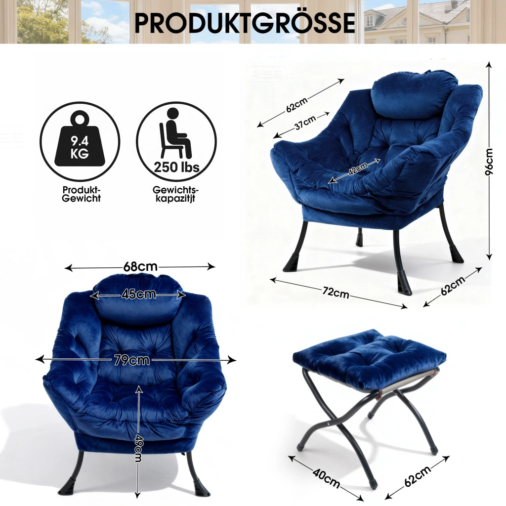 Poltrona relax con pouf, braccioli e tasca laterale in tessuto e metallo, per salotto e camera da letto, blu scuro