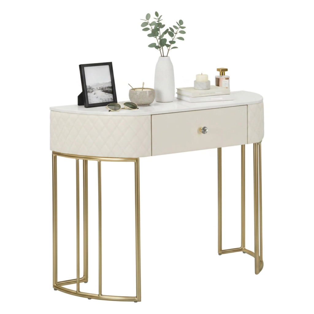 Consolle Niccolo, Tavolo multiuso, Mobiletto d'appoggio, Scrivania da corridoio, 100x40 h75 cm, Bianco e Oro