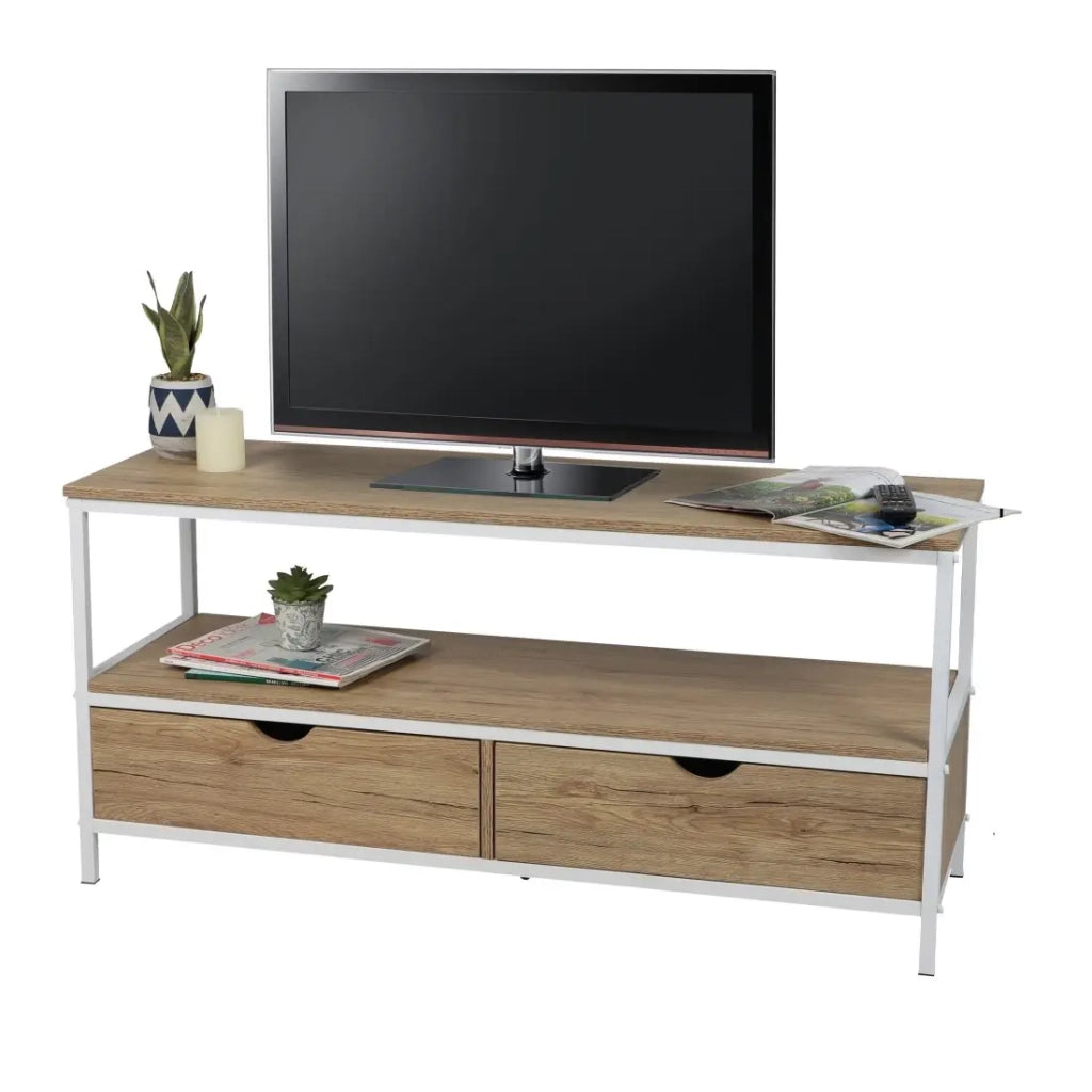 Mobile porta TV in stile classico con 2 cassetti collezione PUEBLO - Colori rovere chiaro & bianco, dimensioni 120x39x57 cm