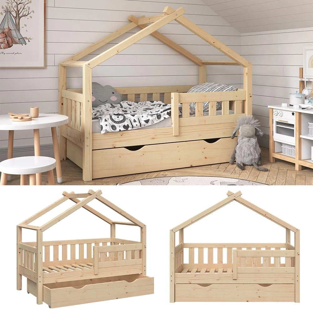 Letto montessori bambini Design, Legno naturale, 70x140 cm con cassetto, adatto per materassi fino a 10 cm di altezza, montaggio semplice