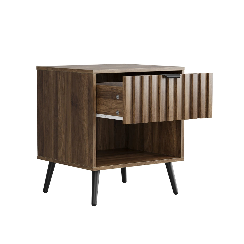 Comodino moderno in MDF con cassetto e vano aperto, colore noce, 45 x 40 x 53 cm