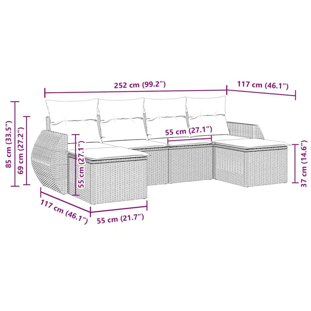 Set Divano da Giardino 6 pz con Cuscini Nero in Polyrattan 3254053