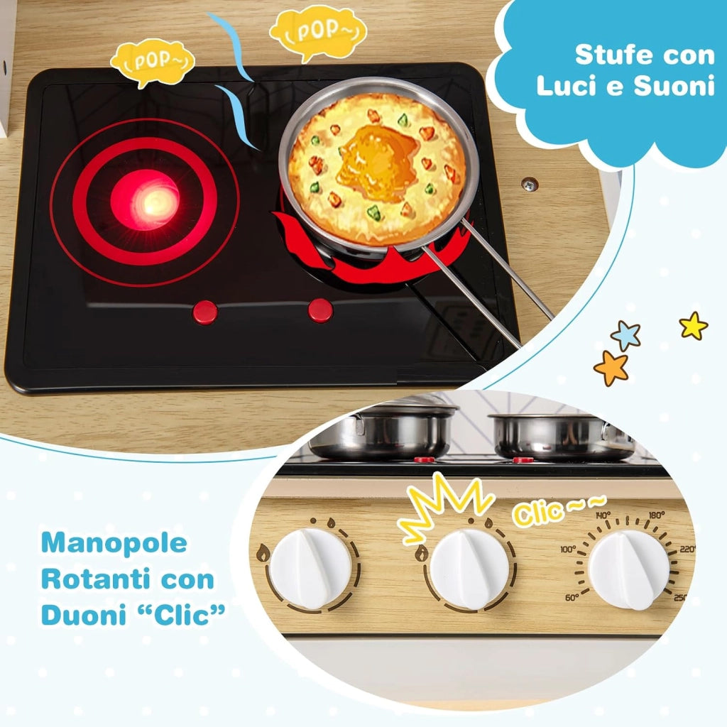 Cucina Giocattolo con Fornelli a Suoni e Luci Reali, Cucina per Bambini in Legno con Lavandelo Estrabile, Microonde e Forno, Set Cucina con Accessori, per 3+ Anni, 60 x 30 x 85 cm (Bianco)