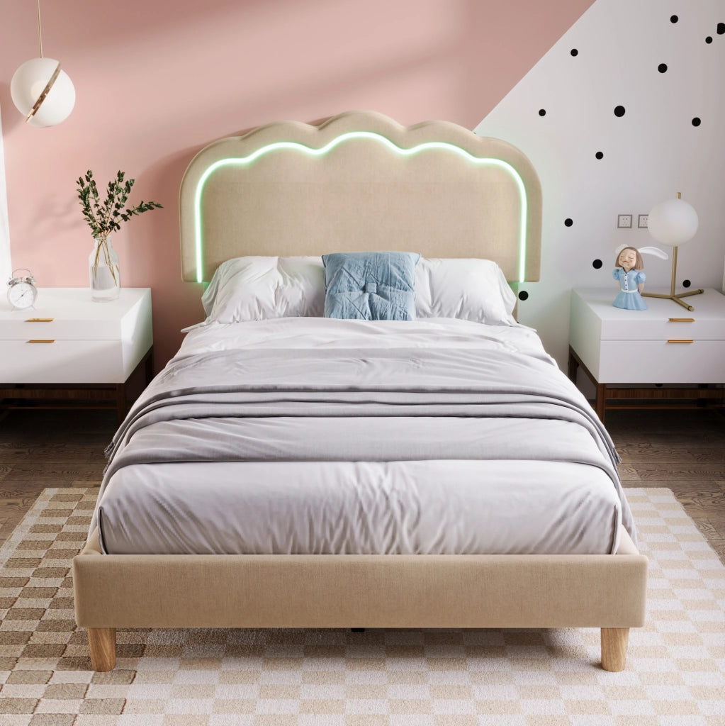 Letto imbottito 90x200 cm; testiera LED regolabile; lino; beige (Senza materasso)