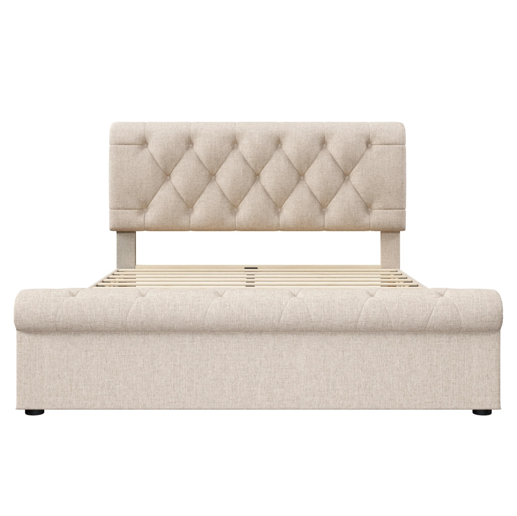Letto matrimoniale imbottito 140x200 cm con 4 cassetti; testiera regolabile; naturale; con materasso