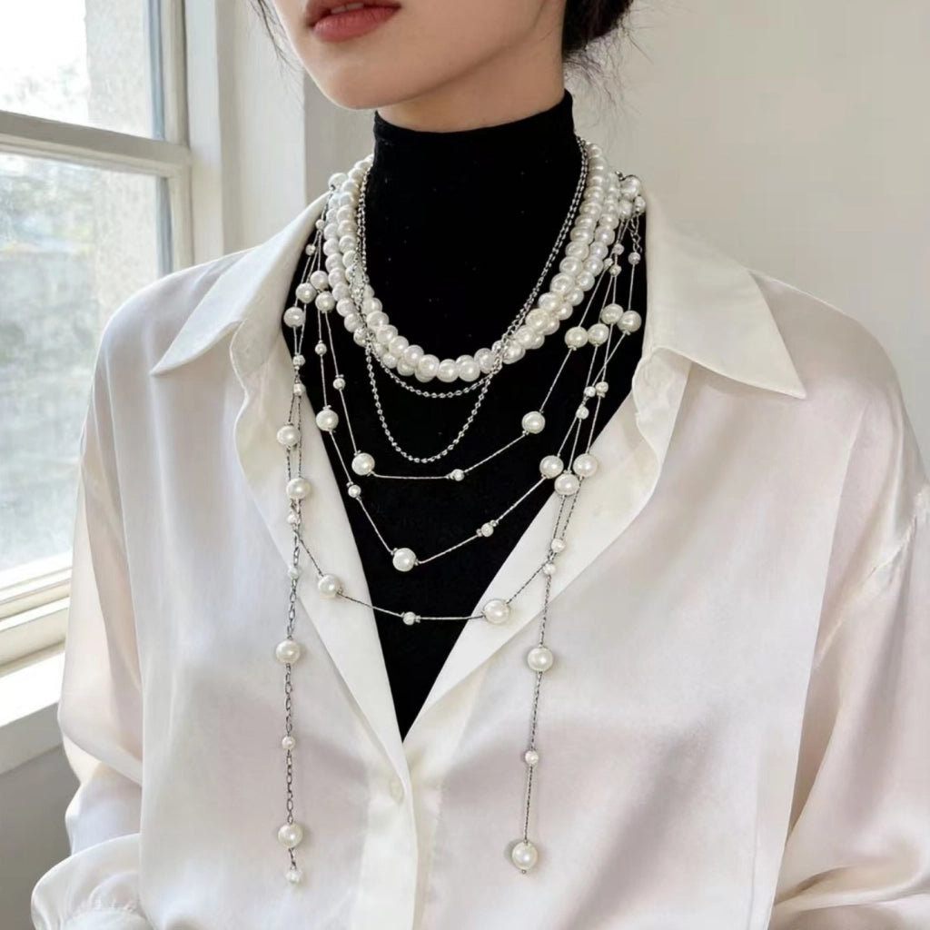 Collana di perle multistrato con ciondolo vintage, girocollo con nappe a strati, catena a maglia stellata